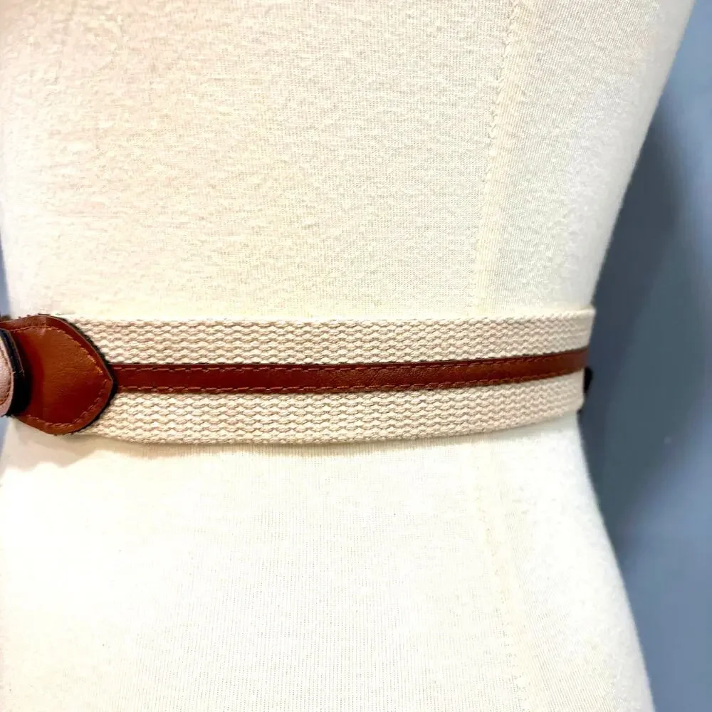 VTG Boho Striped Woven Cream Cotton Tan Leather Belt Coastal Preppy Utility S